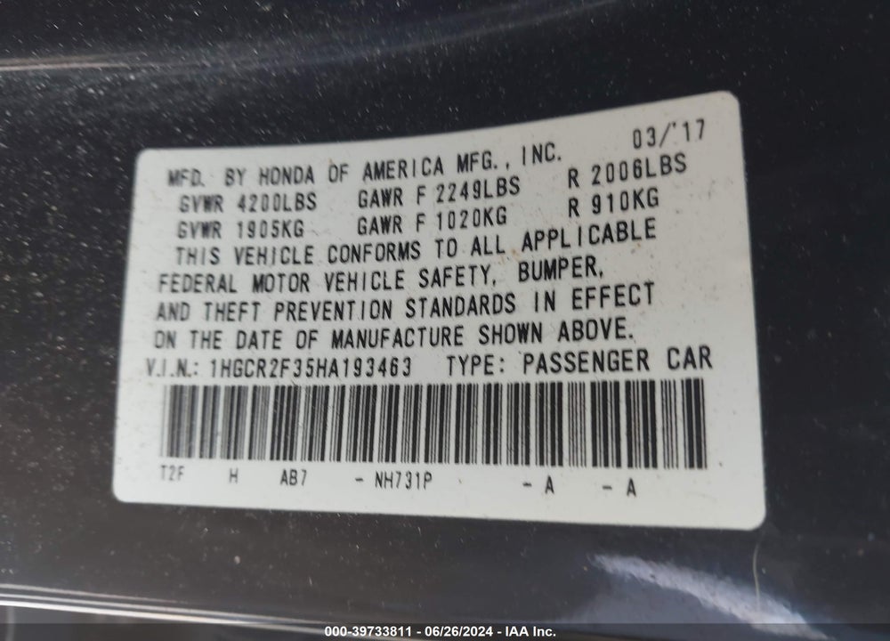 2017 HONDA ACCORD LX VIN: 1HGCR2F35HA193463