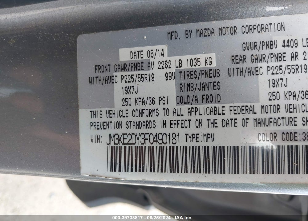 2015 MAZDA CX-5 GRAND TOURING VIN: JM3KE2DY3F0490181