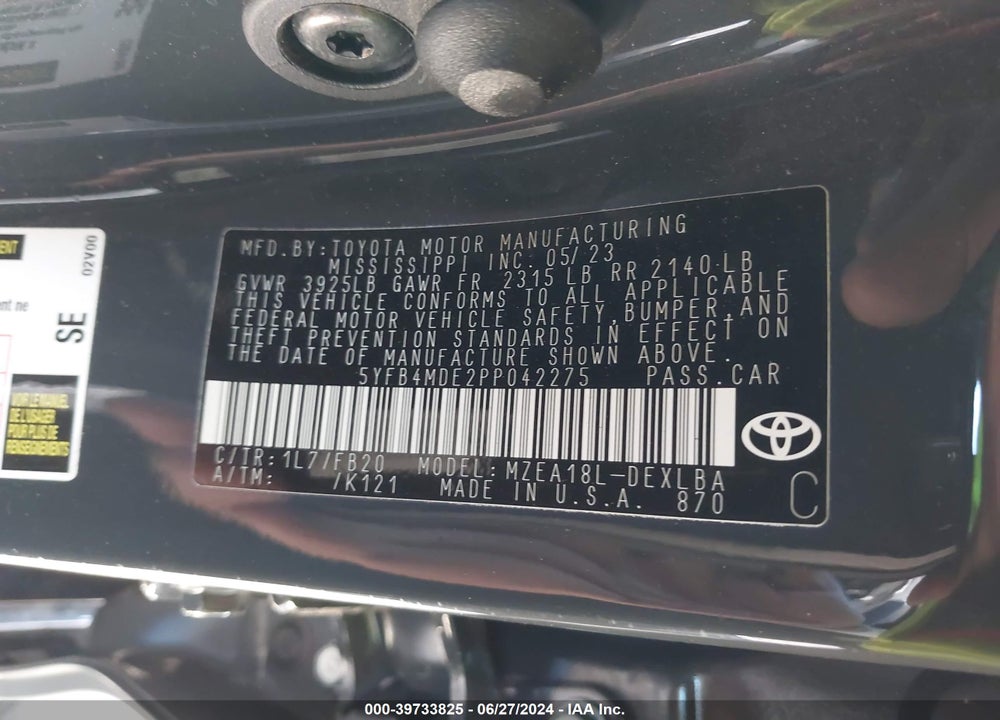 2023 TOYOTA COROLLA LE VIN: 5YFB4MDE2PP042275
