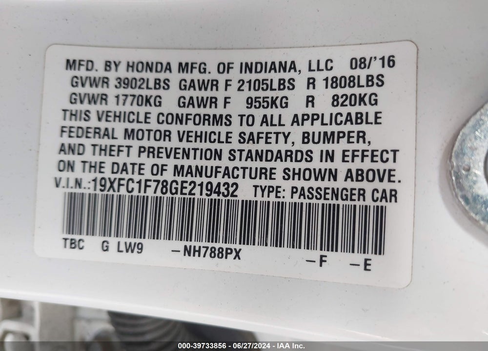 2016 HONDA CIVIC EX-L VIN: 19XFC1F78GE219432