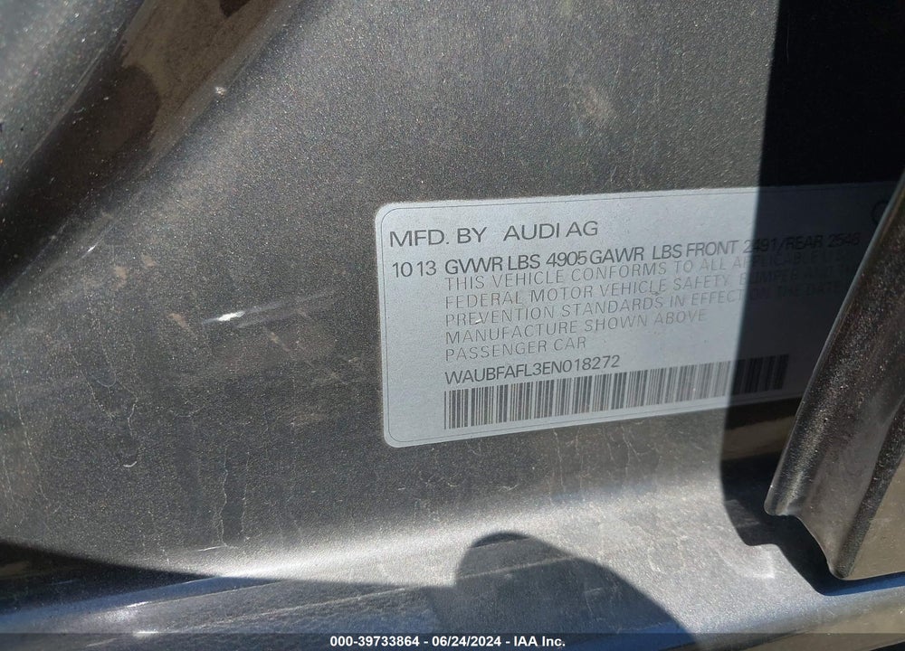 2014 AUDI A4 2.0T PREMIUM VIN: WAUBFAFL3EN018272