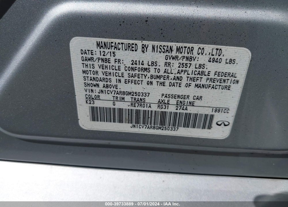 2016 INFINITI Q50 2.0T BASE VIN: JN1CV7AR8GM250337