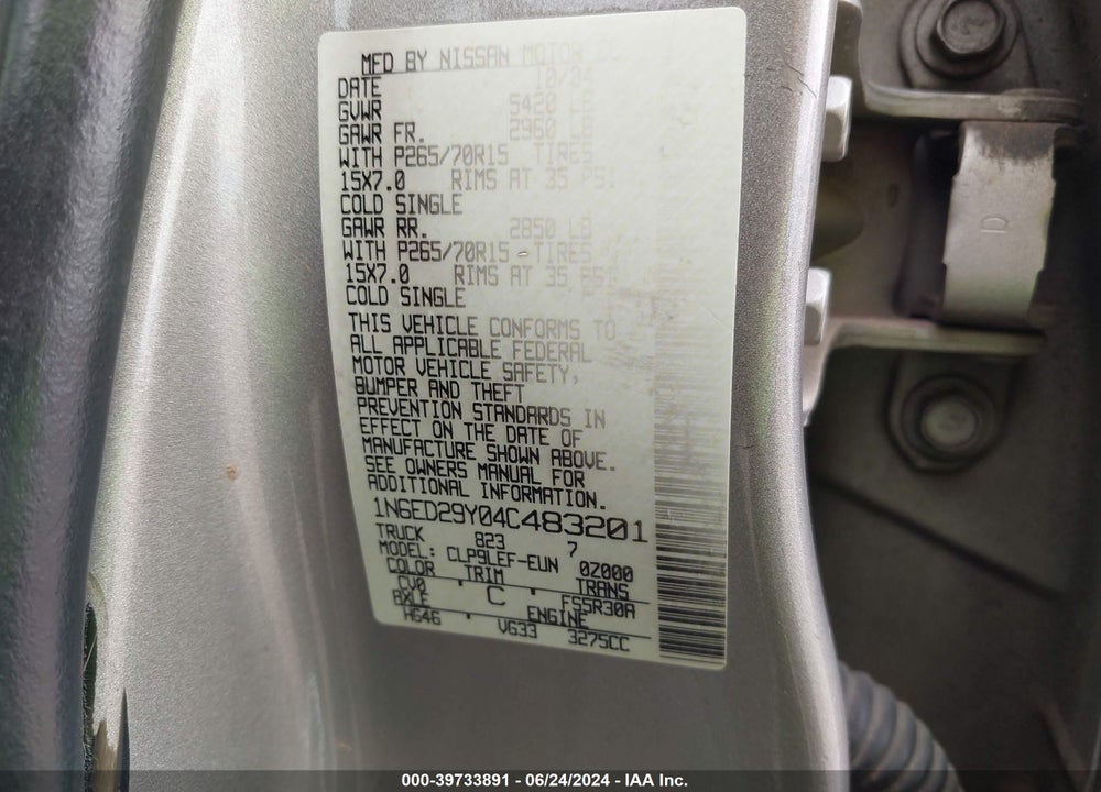 2004 NISSAN FRONTIER XE-V6 VIN: 1N6ED29Y04C483201
