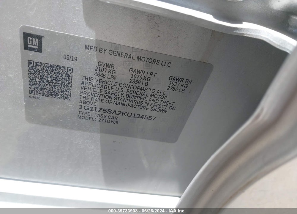 2019 CHEVROLET IMPALA LT VIN: 1G11Z5SA2KU134557