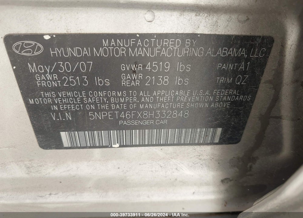 2008 HYUNDAI SONATA GLS V6 VIN: 5NPET46FX8H332848