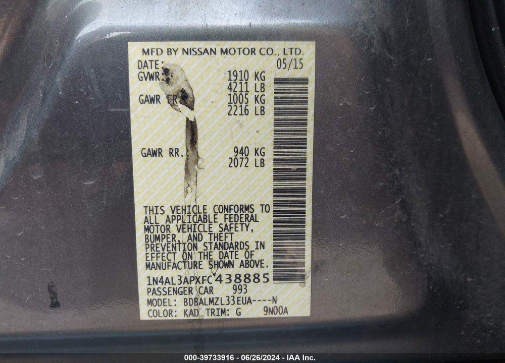 2015 NISSAN ALTIMA 2.5/2.5 S/2.5 SL/2.5 SV VIN: 1N4AL3APXFC438885