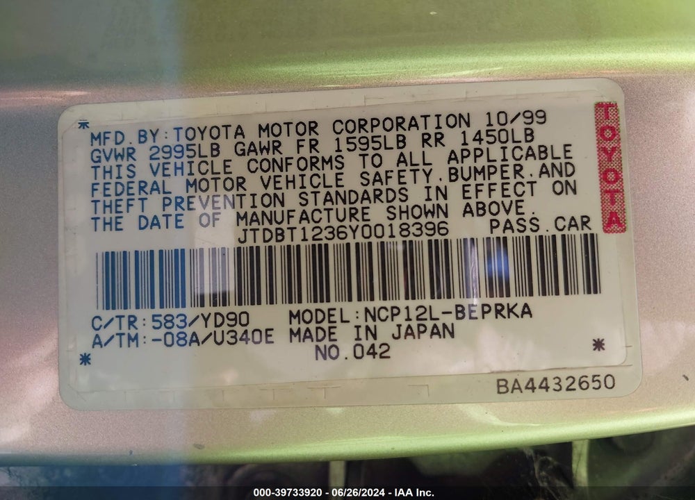 2000 TOYOTA ECHO VIN: JTDBT1236Y0018396