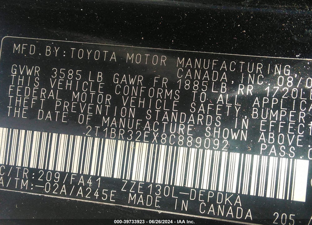 2008 TOYOTA COROLLA CE VIN: 2T1BR32EX8C889092