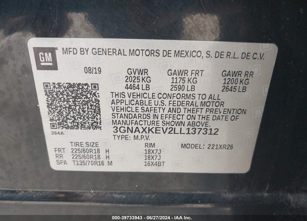 2020 CHEVROLET EQUINOX VIN: 3GNAXKEV2LL137312