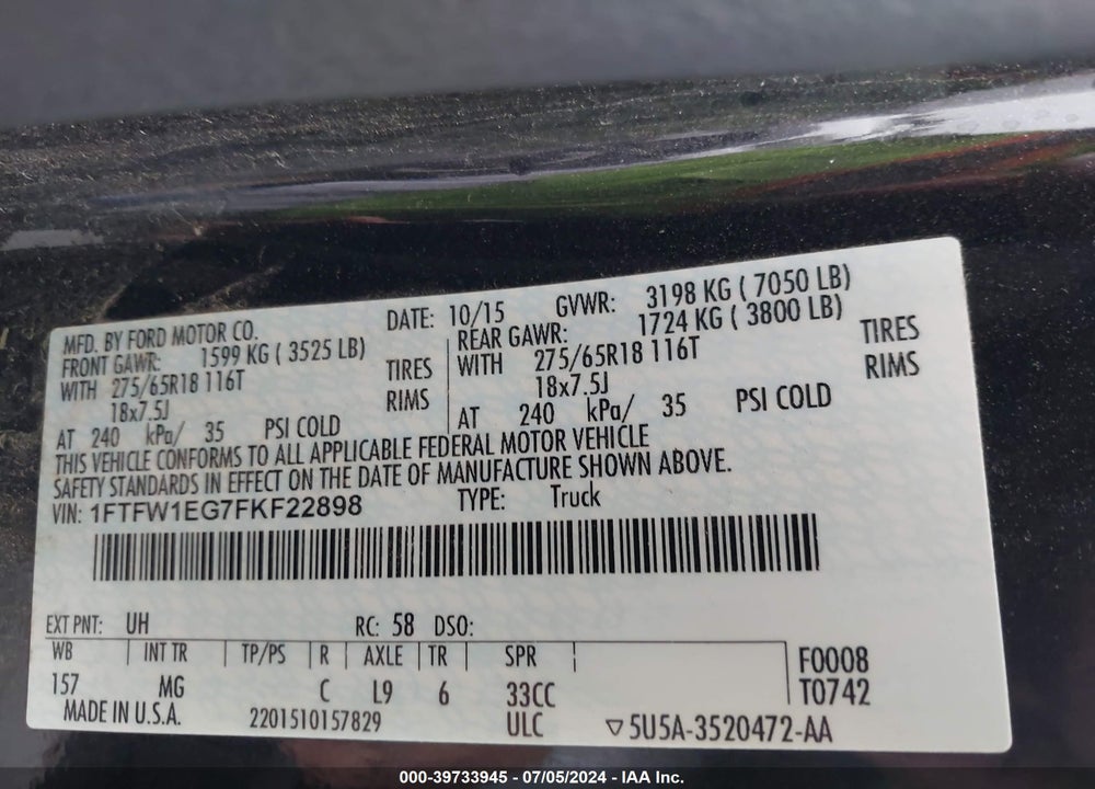 2015 FORD F-150 XLT VIN: 1FTFW1EG7FKF22898