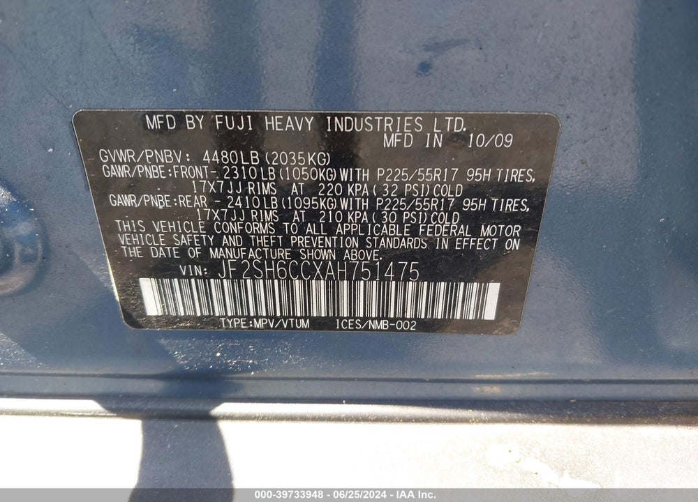 2010 SUBARU FORESTER 2.5X PREMIUM VIN: JF2SH6CCXAH751475
