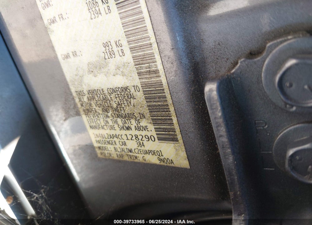 2012 NISSAN ALTIMA VIN: 1N4BL2AP4CC128290
