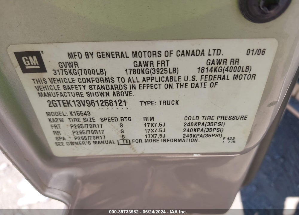 2006 GMC SIERRA 1500 SL VIN: 2GTEK13V961268121