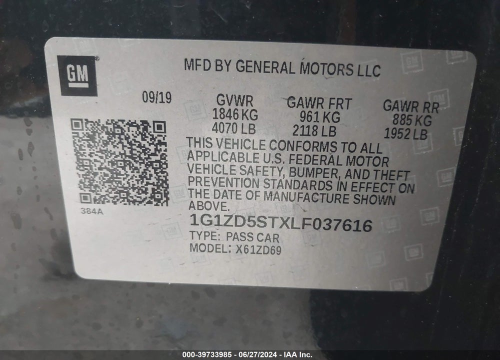 2020 CHEVROLET MALIBU FWD LT VIN: 1G1ZD5STXLF037616