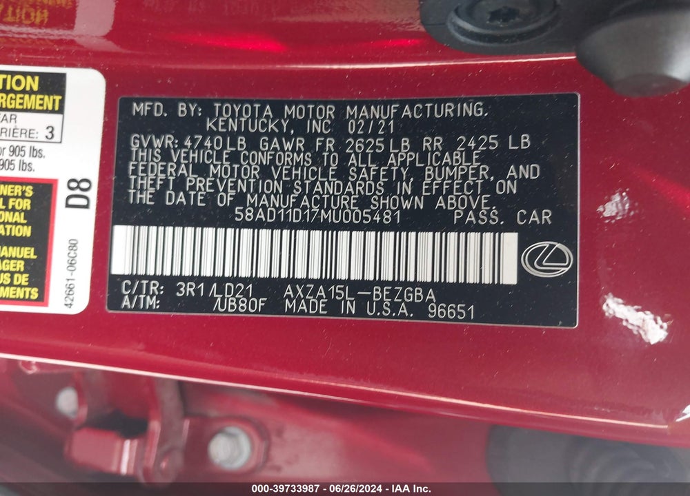 2021 LEXUS ES 250 VIN: 58AD11D17MU005481