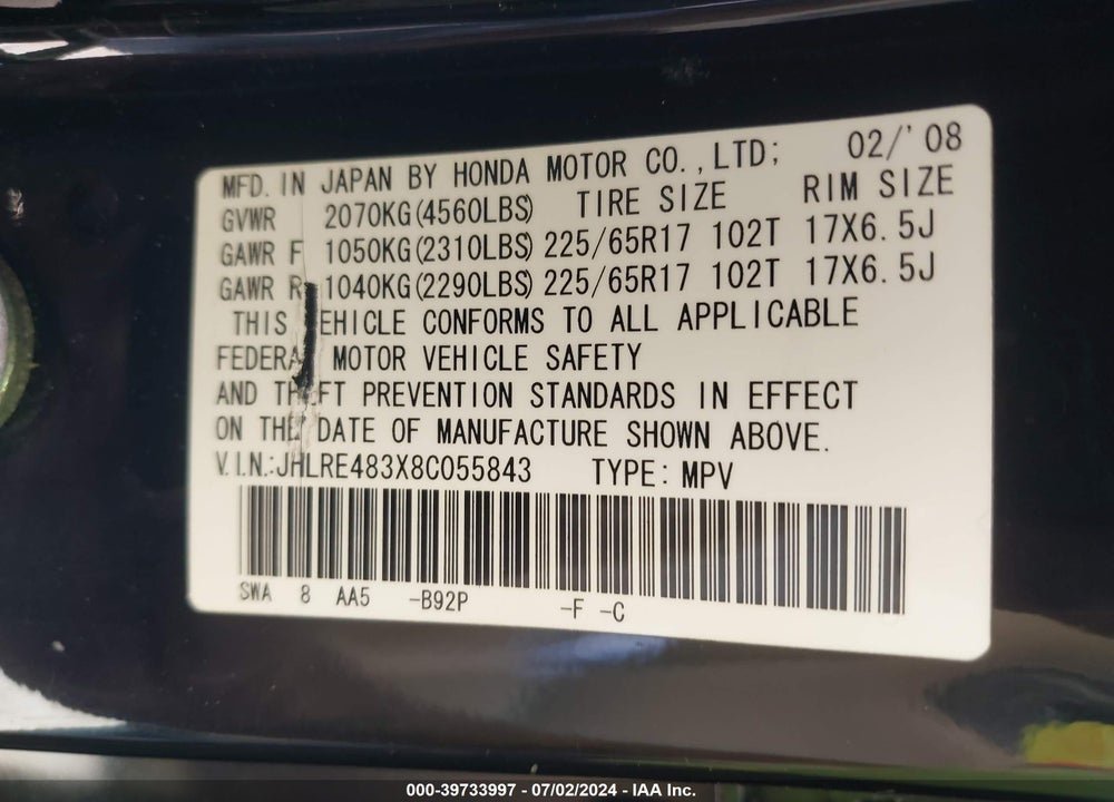 2008 HONDA CR-V LX VIN: JHLRE483X8C055843