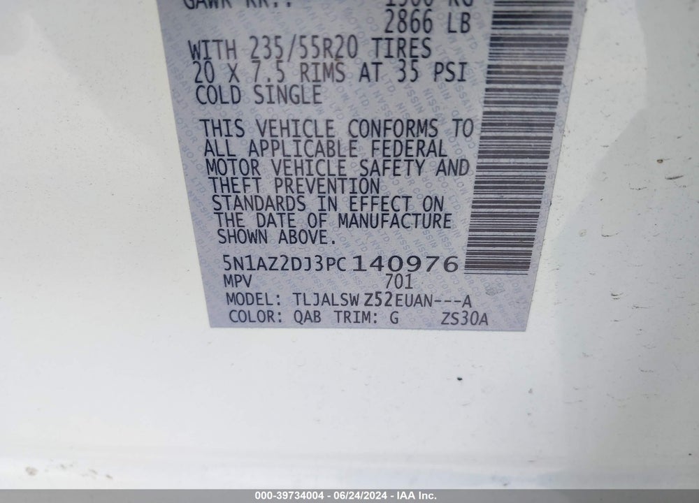 2023 NISSAN MURANO PLATINUM FWD VIN: 5N1AZ2DJ3PC140976