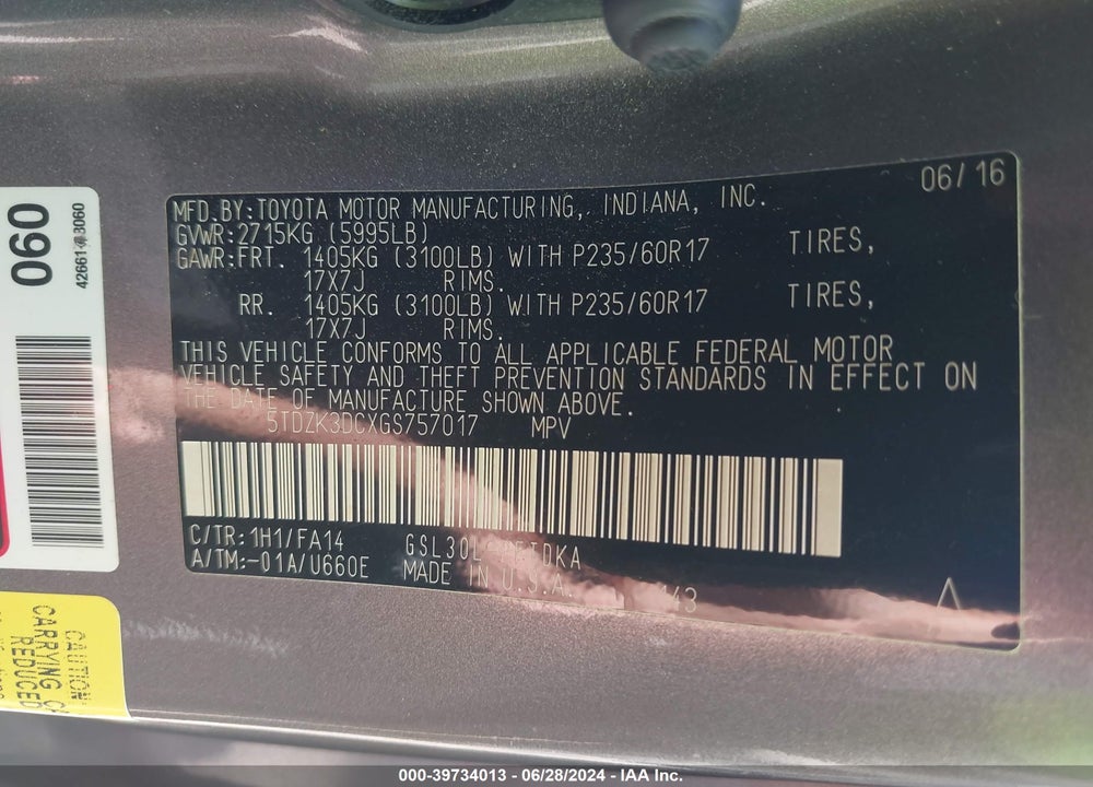 2016 TOYOTA SIENNA L 7 PASSENGER VIN: 5TDZK3DCXGS757017