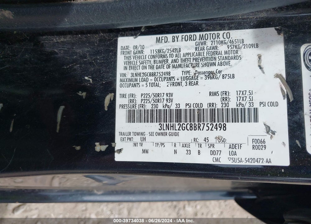 2011 LINCOLN MKZ VIN: 3LNHL2GC8BR752498