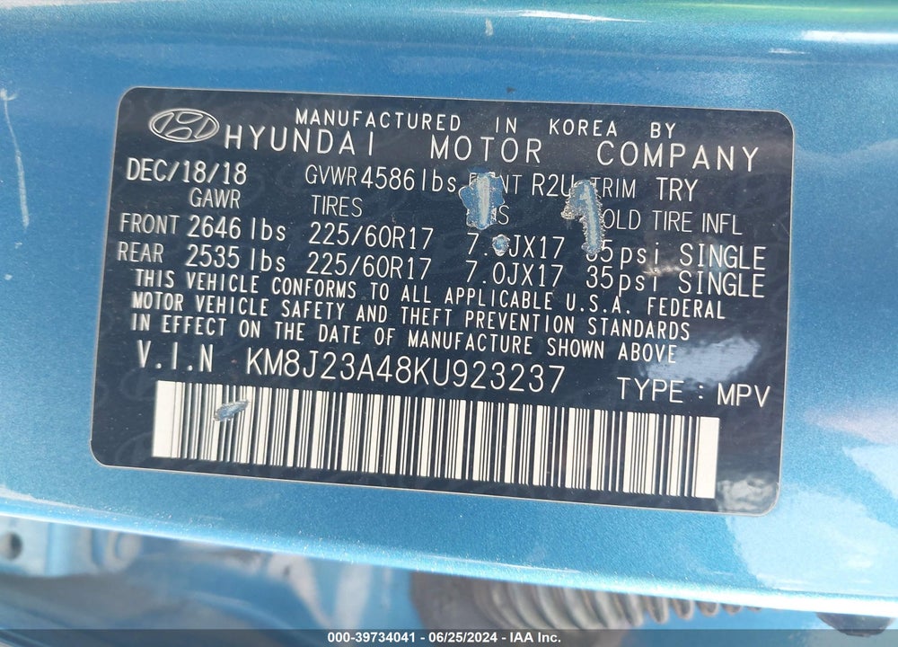 2019 HYUNDAI TUCSON SE VIN: KM8J23A48KU923237