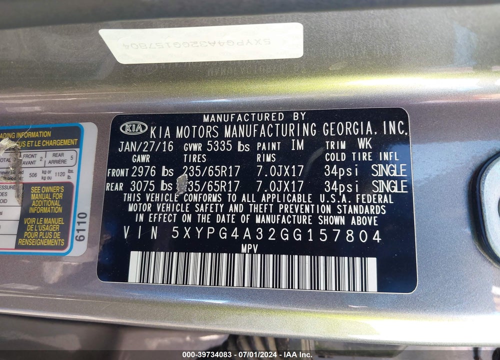 2016 KIA SORENTO 2.4L LX VIN: 5XYPG4A32GG157804