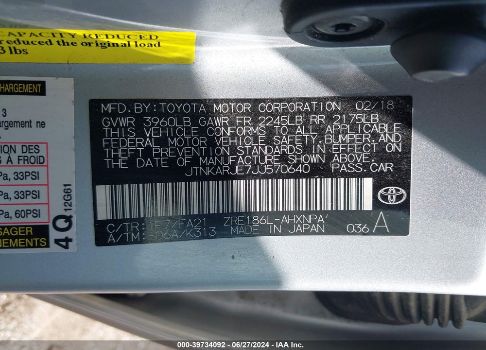 2018 TOYOTA COROLLA IM VIN: JTNKARJE7JJ570640