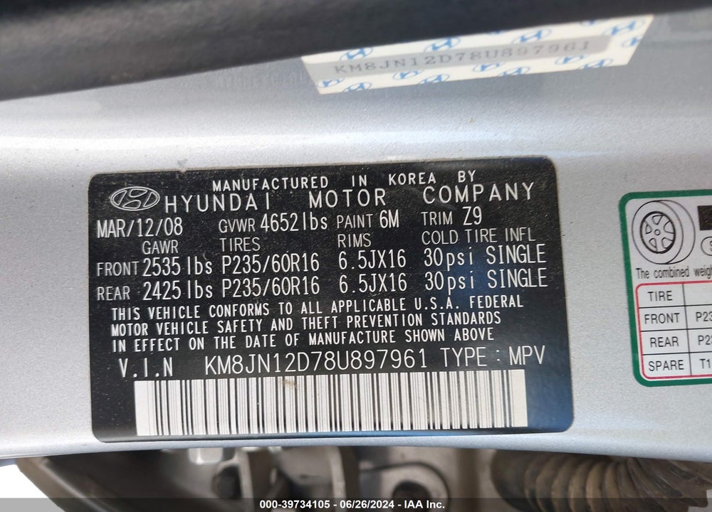 2008 HYUNDAI TUCSON LIMITED V6/SE VIN: KM8JN12D78U897961