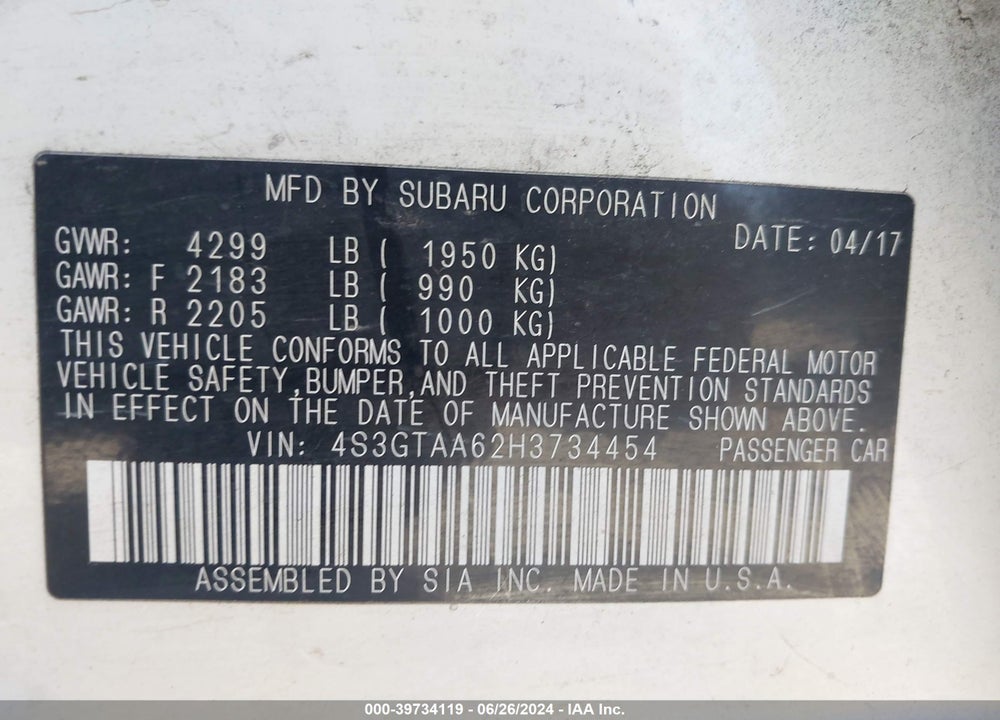 2017 SUBARU IMPREZA 2.0I VIN: 4S3GTAA62H3734454