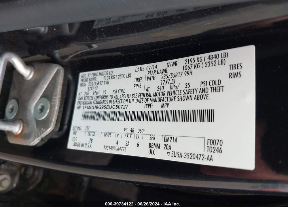 2014 FORD ESCAPE SE VIN: 1FMCU9G95EUC50727
