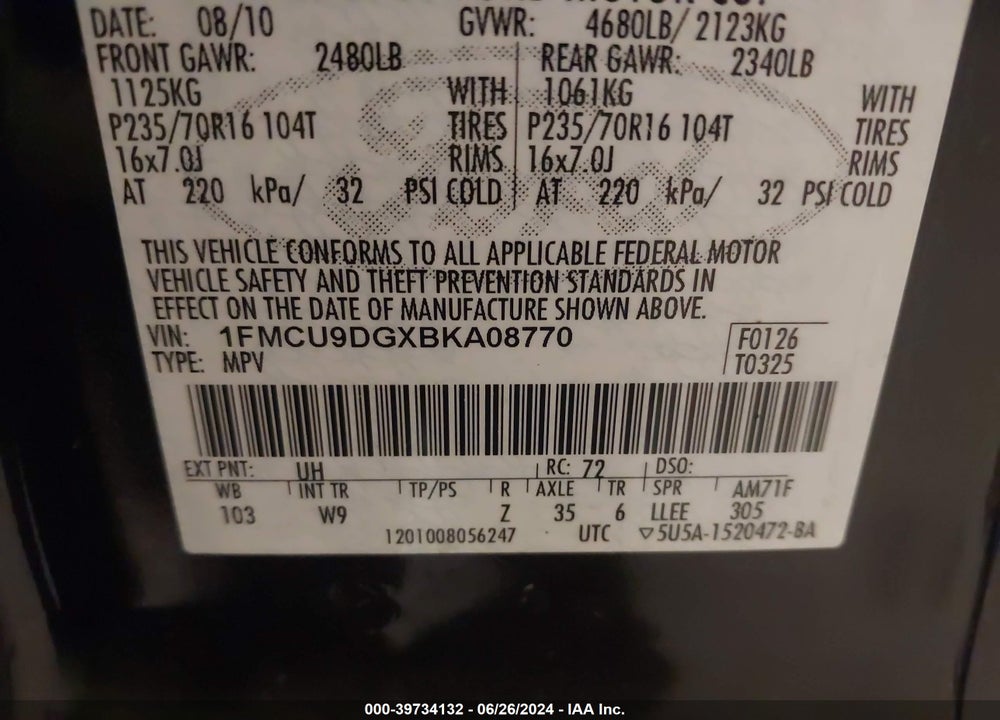 2011 FORD ESCAPE VIN: 1FMCU9DGXBKA08770