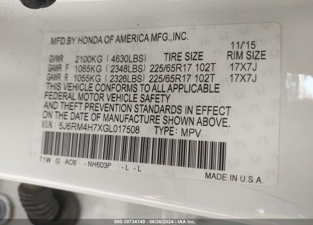 2016 HONDA CR-V EX-L VIN: 5J6RM4H7XGL017508