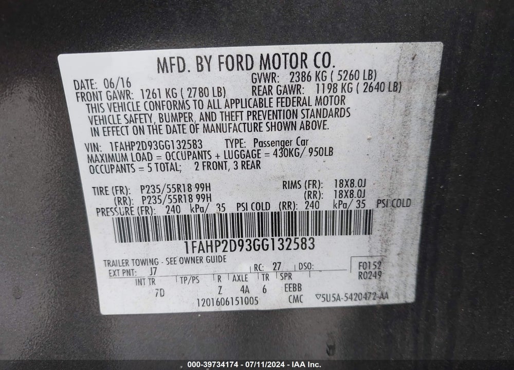 2016 FORD TAURUS SE VIN: 1FAHP2D93GG132583