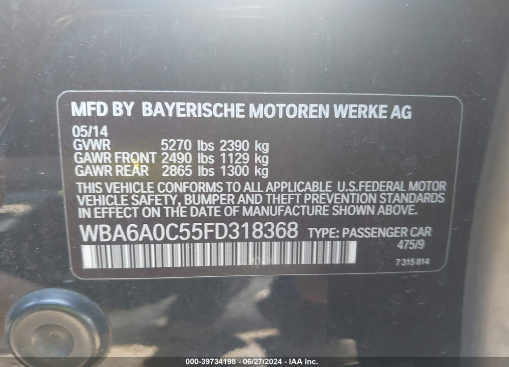 2015 BMW 640I GRAN COUPE VIN: WBA6A0C55FD318368