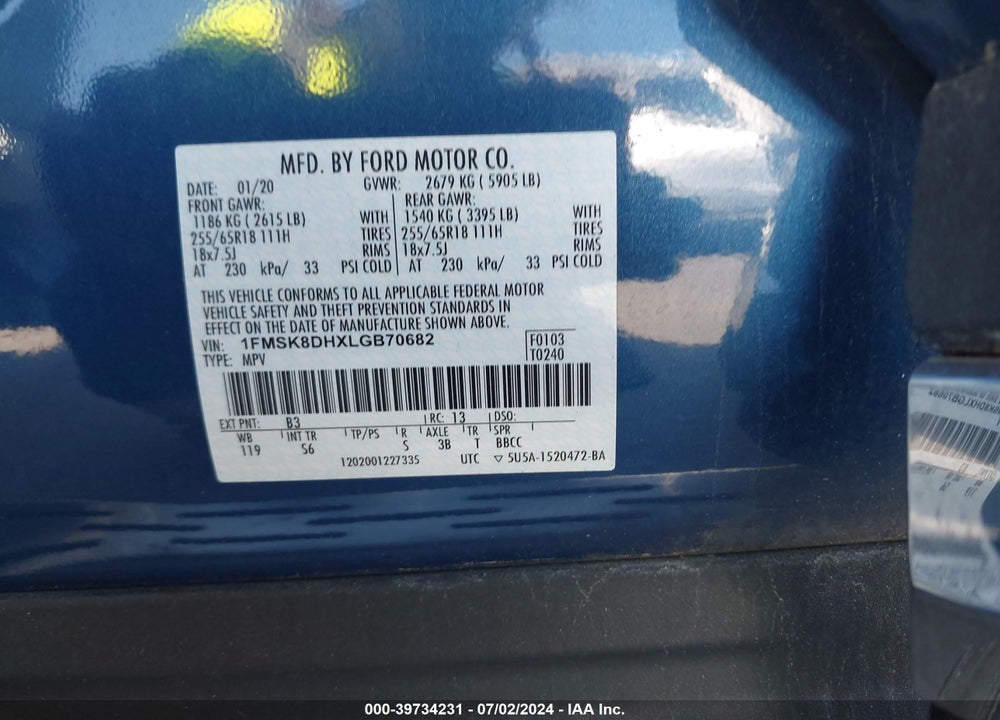 2020 FORD EXPLORER XLT VIN: 1FMSK8DHXLGB70682