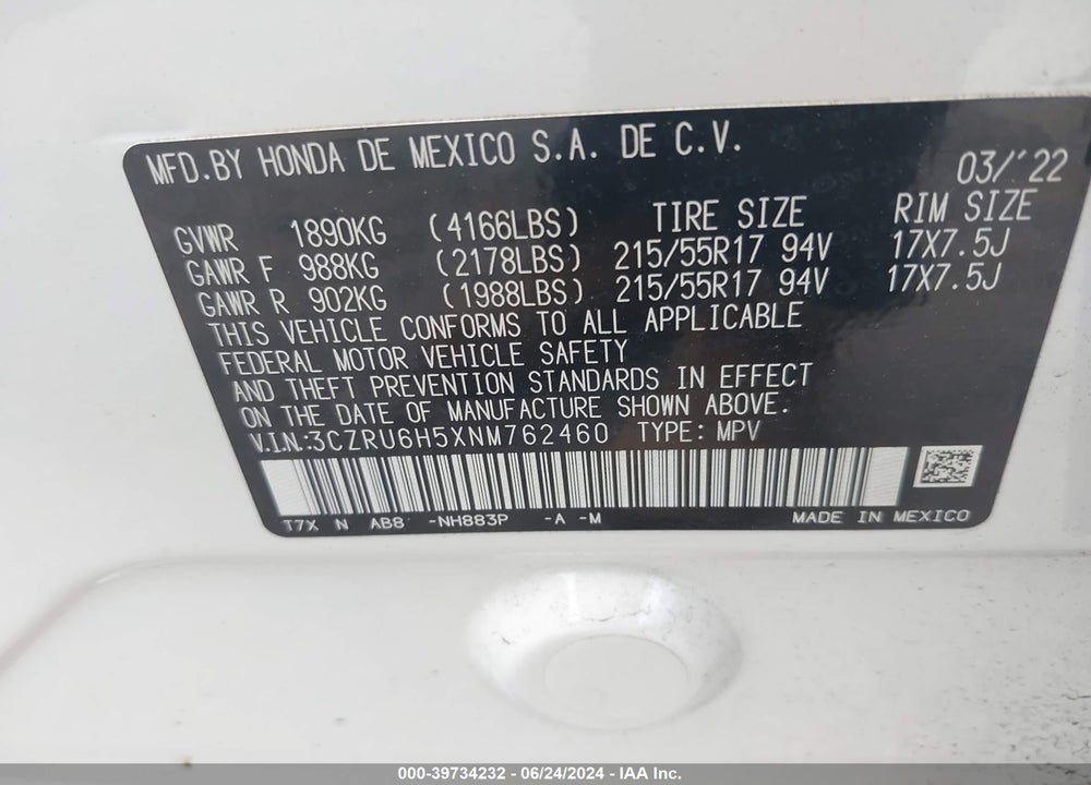 2022 HONDA HR-V AWD EX VIN: 3CZRU6H5XNM762460
