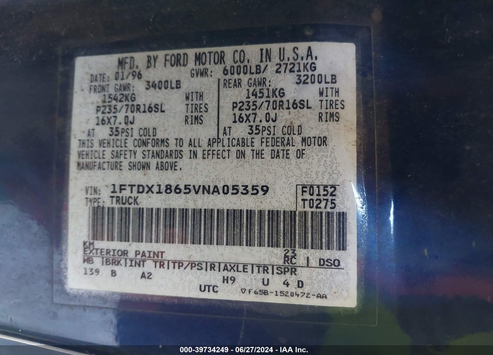 1997 FORD F-150 LARIAT/XL/XLT VIN: 1FTDX1865VNA05359