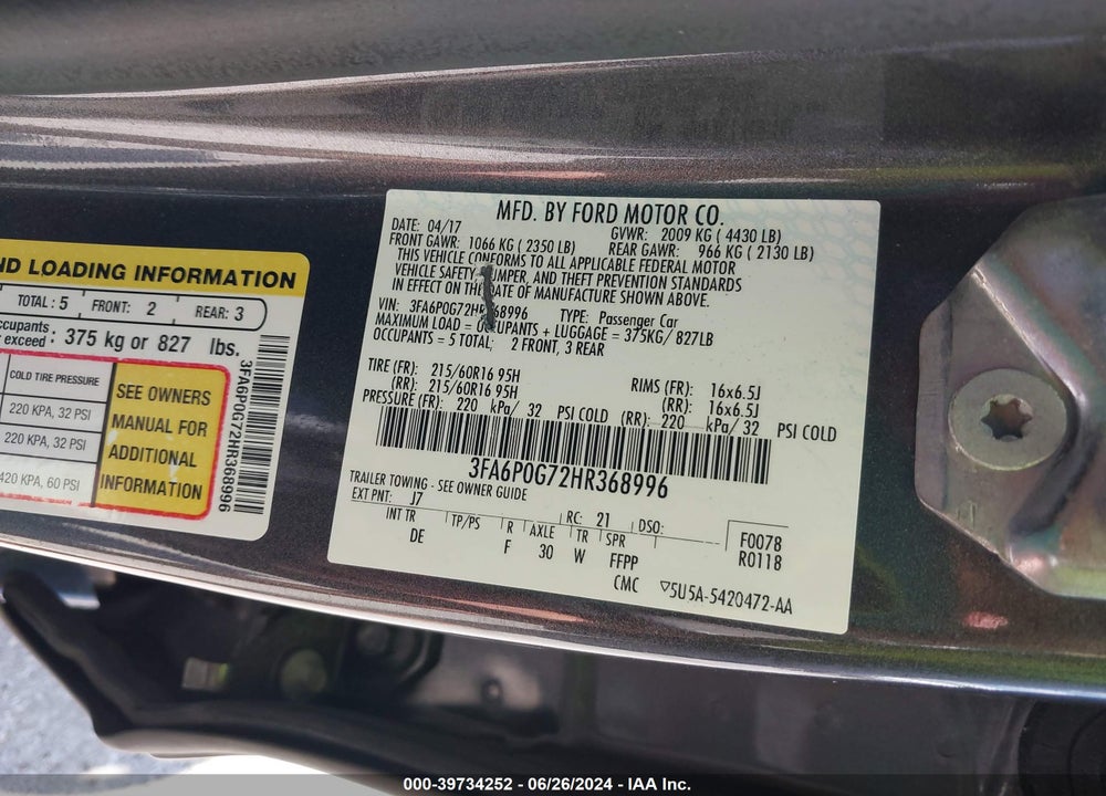 2017 FORD FUSION S VIN: 3FA6P0G72HR368996