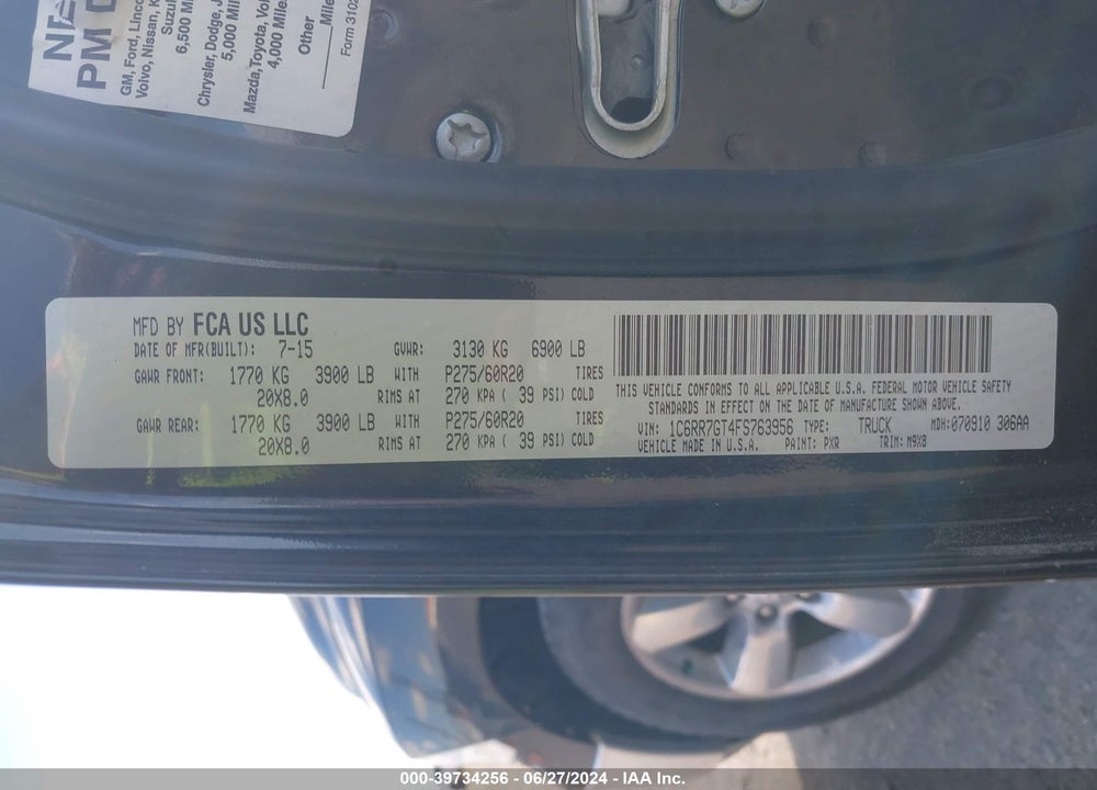 2015 RAM 1500 BIG HORN VIN: 1C6RR7GT4FS763956
