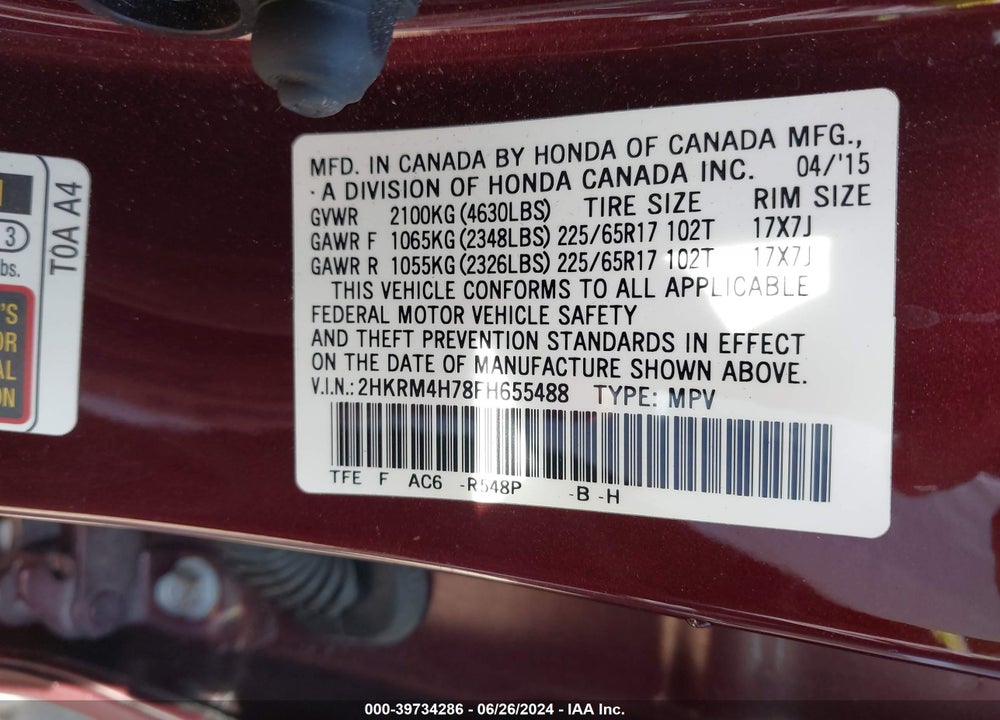 2015 HONDA CR-V EX-L VIN: 2HKRM4H78FH655488