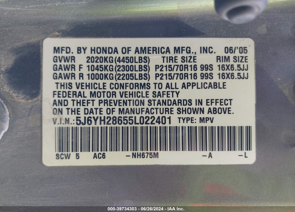 2005 HONDA ELEMENT EX VIN: 5J6YH28655L022401