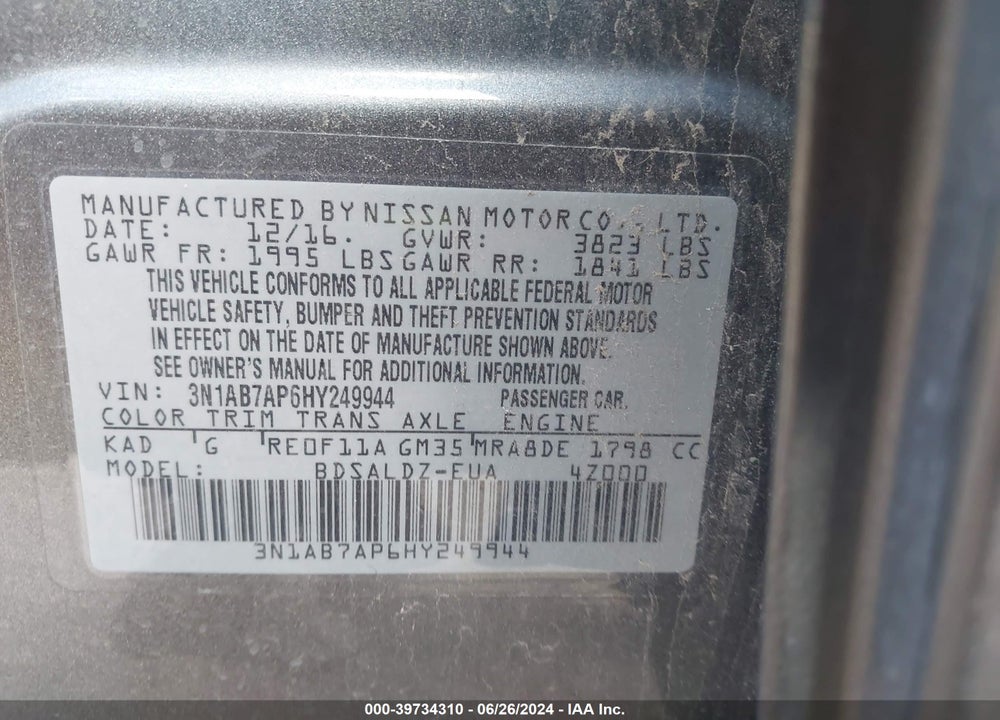 2017 NISSAN SENTRA SV VIN: 3N1AB7AP6HY249944