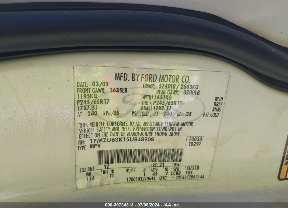 2005 FORD EXPLORER XLT/XLT SPORT VIN: 1FMZU63K15UB48908