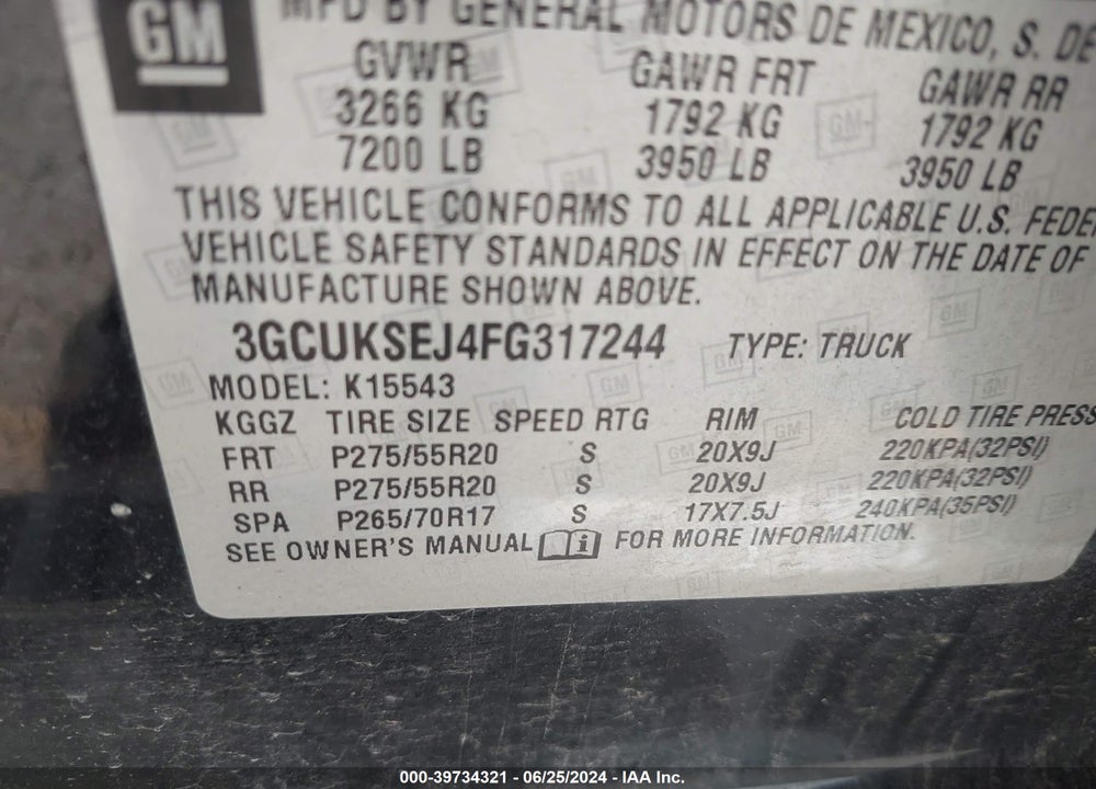 2015 CHEVROLET SILVERADO 1500 2LZ VIN: 3GCUKSEJ4FG317244