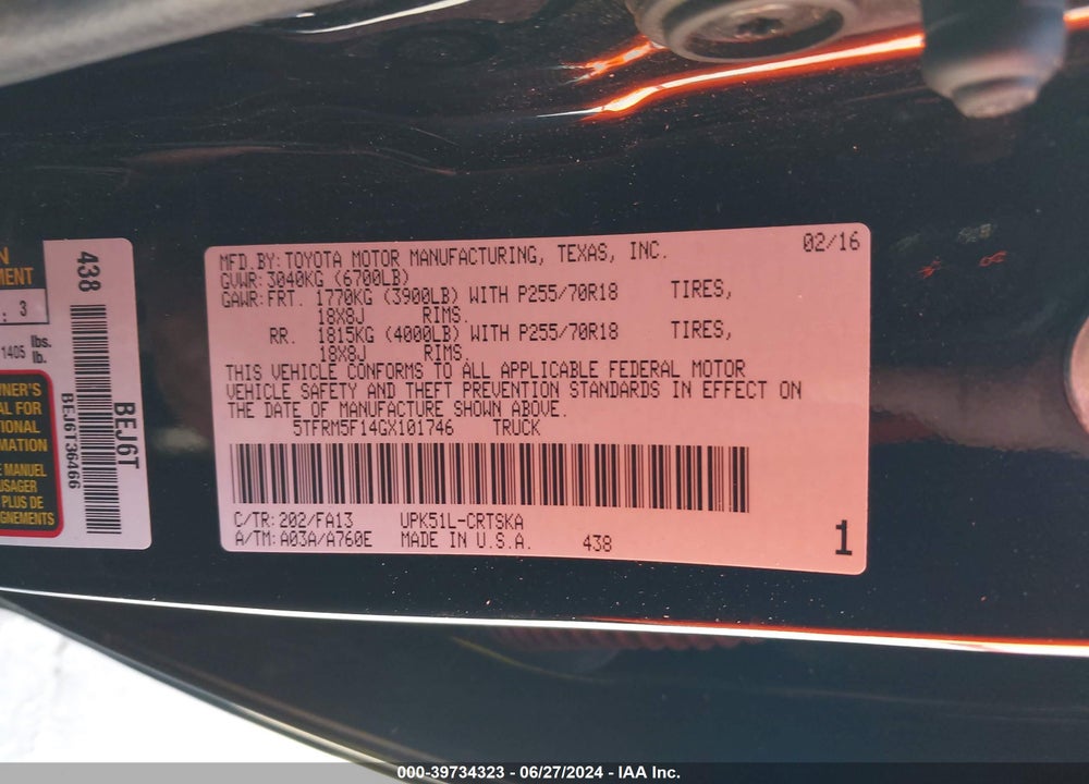 2016 TOYOTA TUNDRA SR 4.6L V8 VIN: 5TFRM5F14GX101746