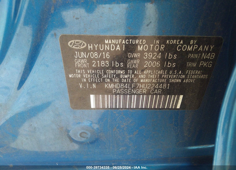 2017 HYUNDAI ELANTRA SE VIN: KMHD84LF7HU224481