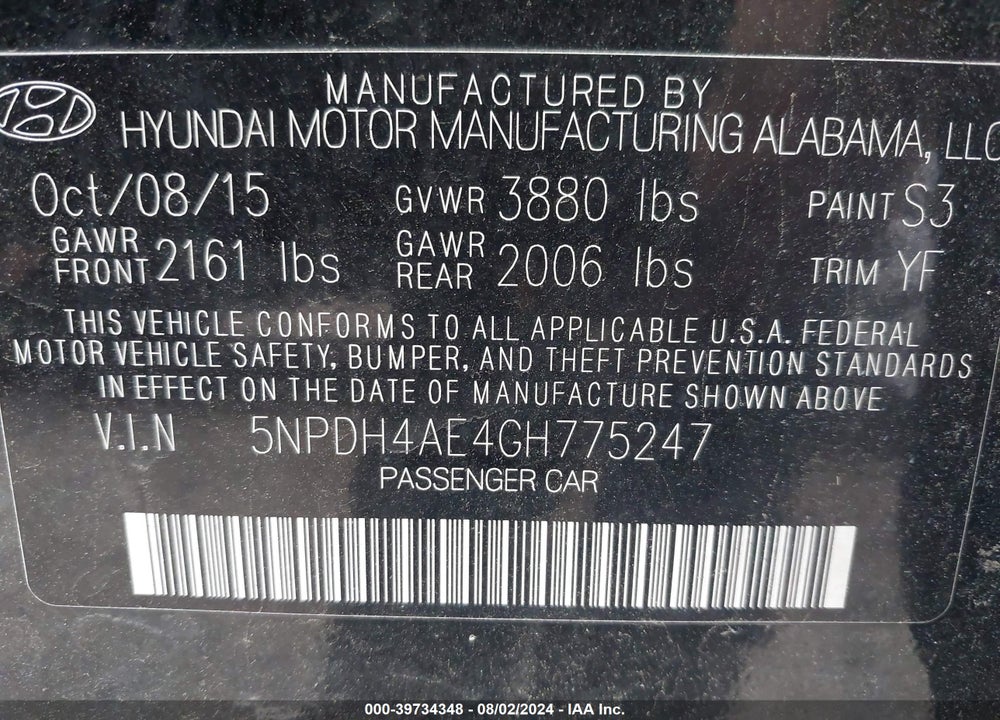 2016 HYUNDAI ELANTRA SE VIN: 5NPDH4AE4GH775247