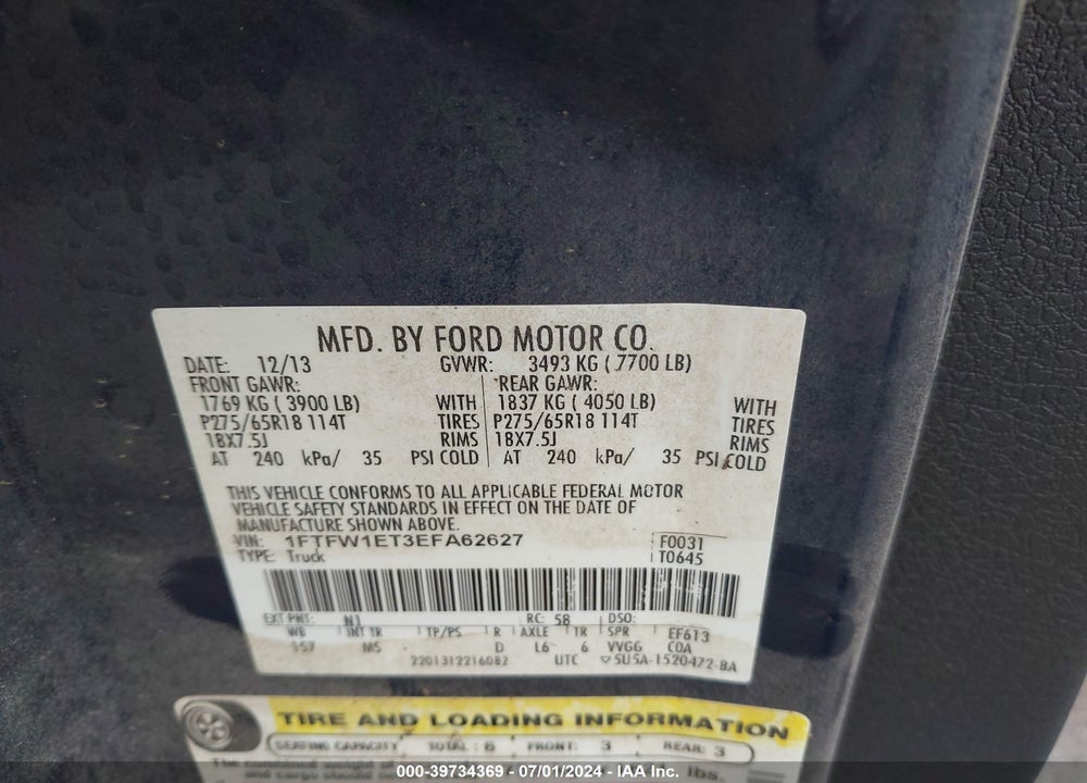 2014 FORD F-150 XLT VIN: 1FTFW1ET3EFA62627