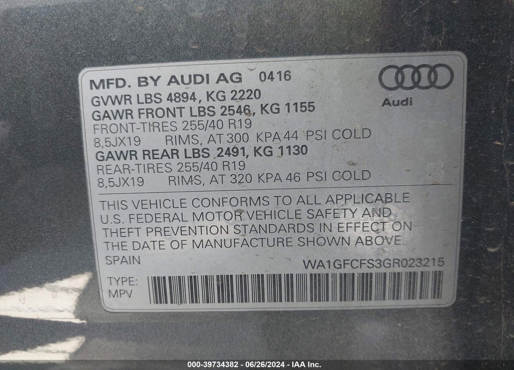 2016 AUDI Q3 2.0T PREMIUM PLUS VIN: WA1GFCFS3GR023215
