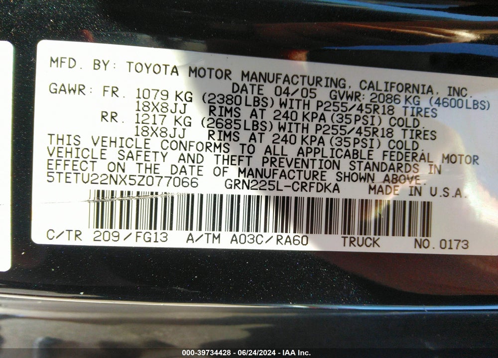 2005 TOYOTA TACOMA V6 VIN: 5TETU22NX5Z077066