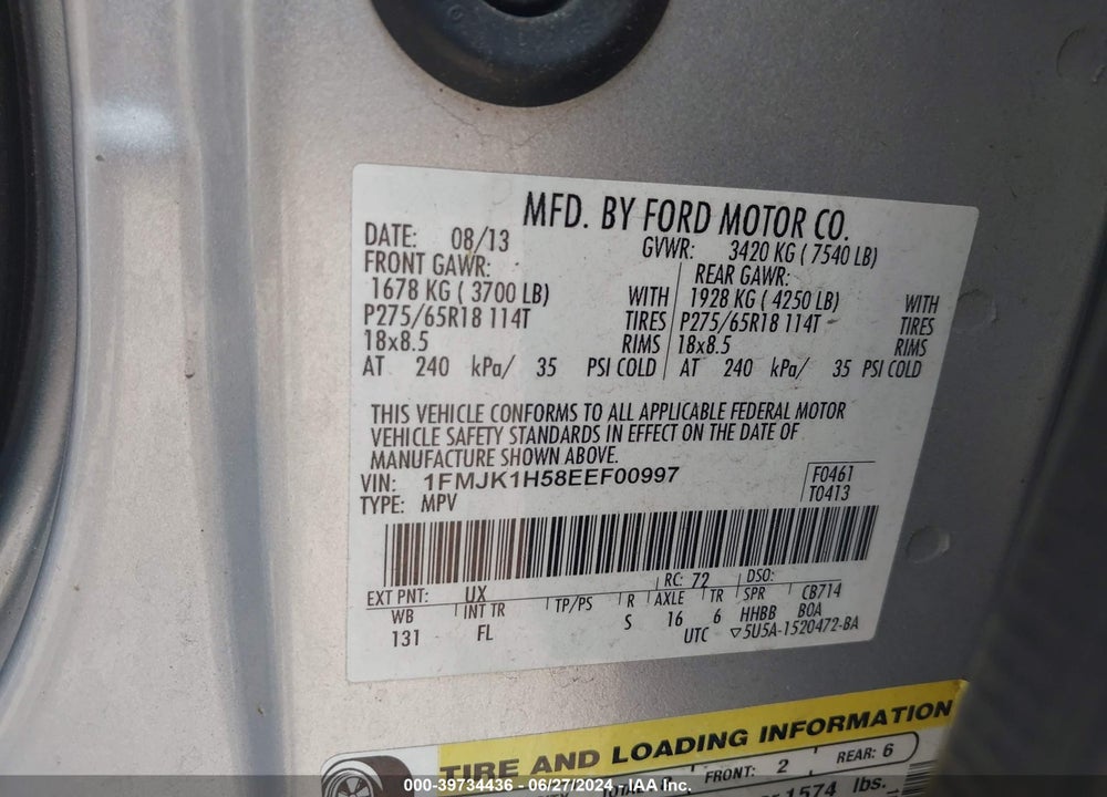 2014 FORD EXPEDITION EL XLT VIN: 1FMJK1H58EEF00997